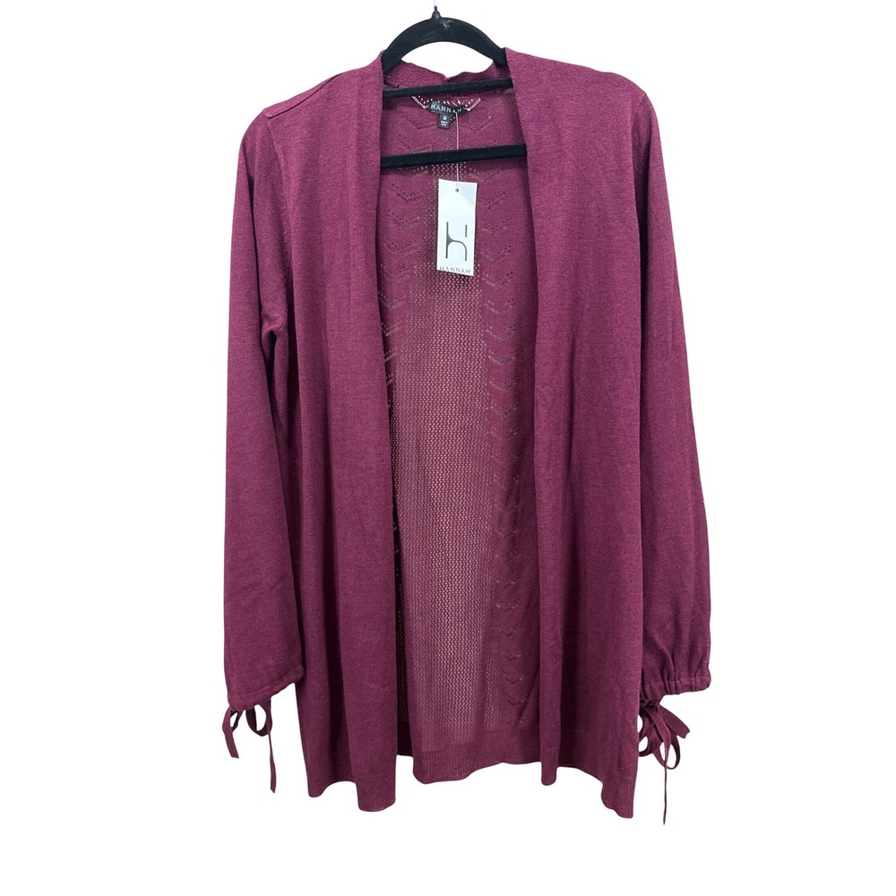 Hannah Womens Pointelle Back Open Front Cardigan Plum Tie Cuff Sleeve Medium NWT